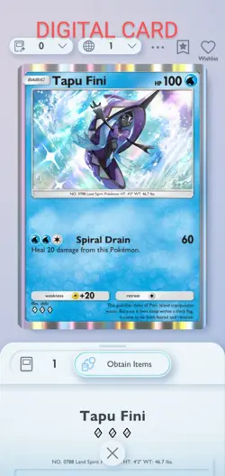 Pokemon Pocket Mobile Game Celestial Guardians Set Tapu Fini ◇◇◇ Rare Trade Card - Image 1
