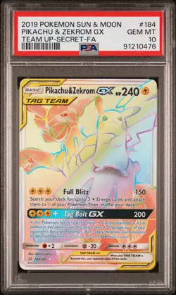 2019 POKEMON SUN & MOON TEAM UP SECRET #184 FULL ART/PIKACHU & ZEKROM GX PSA 10 - Image 1