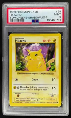 1999 Pokemon Shadowless Yellow Cheeks Pikachu PSA 9 Mint #58/102 - Image 1