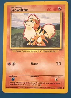 Growlithe 28/102 – Base Set – 1999 Pokemon Card – Uncommon – WOTC - Image 1