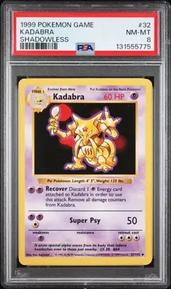 Pokemon Card Kadabra 32/102 Shadowless Base Set 1999 PSA 8 NM-MT - Image 1