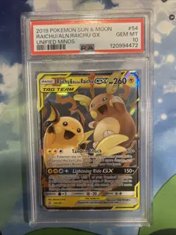 2019 POKEMON SUN & MOON UNIFIED MINDS #54 RAICHU & ALOLAN RAICHU GX PSA 10 - Image 1