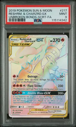 2019 POKEMON SUN & MOON UNBROKEN BONDS FULL ART/RESHIRAM & CHARIZARD GX PSA 9 - Image 1