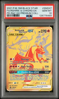 2021 POKEMON SM BLACK STAR PROMO #SM247 FULL ART/RESHIRAM & CHARIZARD GX PSA 10 - Image 1