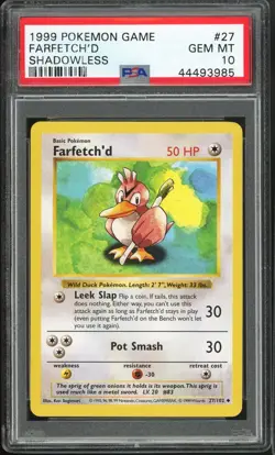 PSA 10 - 1999 POKEMON BASE SET SHADOWLESS - FARFETCH'D #27 - Image 1