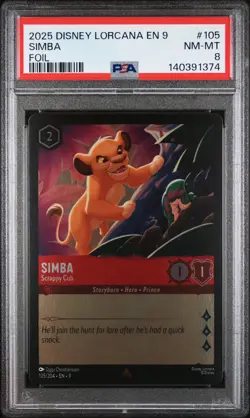 2025 DISNEY LORCANA EN 9-FABLED FOIL #105 SIMBA SCRAPPY CUB PSA 8 - Image 1