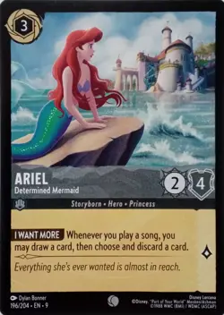 196/204 ARIEL DETERMINED MERMAID EN9 COMMON DISNEY LORCANA CARD - Image 1