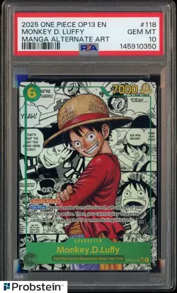 2025 One Piece OP13 En Manga Alternate Art #118 Monkey D. Luffy PSA 10 GEM MINT - Image 1
