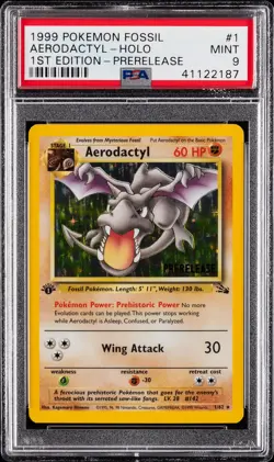 1999 POKEMON FOSSIL 1ST ED-PRERELEASE #1 AERODACTYL-HOLO PSA 9 - Image 1