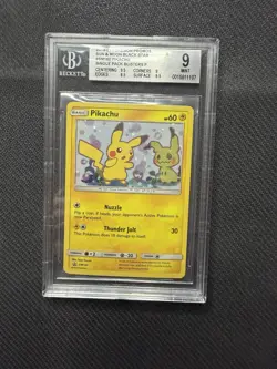 Pokemon Pikachu x Mimikyu SM162 Holo Black Star Promo Card Beckett 9 - Image 1