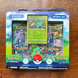 Pokemon GO TCG Pin Collection Bulbasaur 3 Booster Packs Badge Foil Promo Card - Image 1