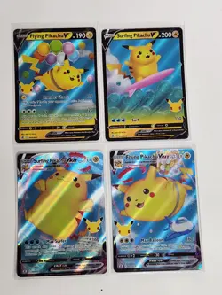 Surfing Pikachu & Flying Pikachu V & Vmax 4 Card Set Pokemon TCG Celebrations NM - Image 1