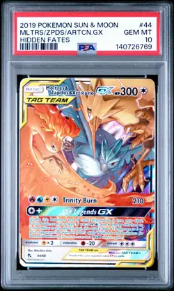2019 POKEMON SUN & MOON HIDDEN FATES #44 MOLTRES & ZAPDOS & ARTICUNO GX PSA 10 - Image 1