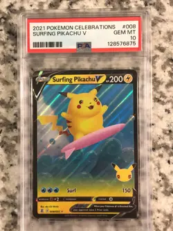 2021 Pokemon Celebrations Surfing Pikachu V 008 PSA 10 Gem Mint - Image 1