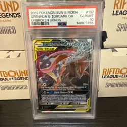 2019 Pokemon Sun & Moon Greninja & Zoroark GX #107 Unbroken Bonds PSA 10 - Image 1