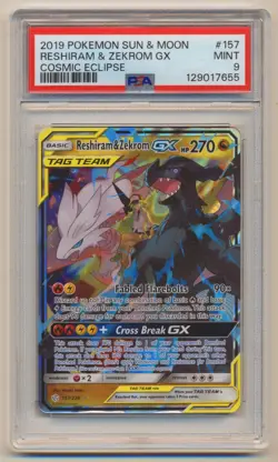 PSA 9 Pokemon Cosmic Eclipse Tag Team Reshiram & Zekrom GX 157/236 MINT!! - Image 1