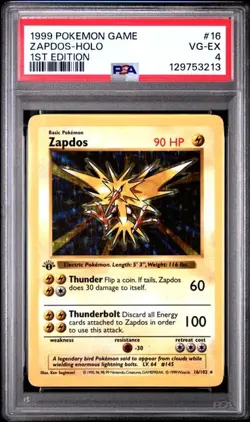ZAPDOS Base Set 1st Edition Shadowless Holo Rare #16 PSA 4 Vintage Pokemon - Image 1