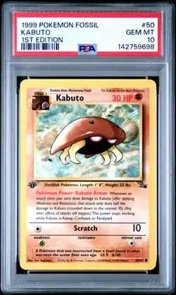 PSA 10 GEM MINT 1999 POKEMON FOSSIL #50 KABUTO 1ST EDITION ENGLISH - Image 1