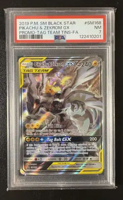 PSA 7 2019 POKEMON SM BLACK STAR PROMO #SM168 FULL ART/PIKACHU & ZEKROM GX - Image 1