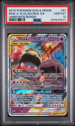 2019 POKEMON UNBROKEN BONDS MUK & ALOLAN MUK GX #61/214 PSA 10 GEM MINT - Image 1