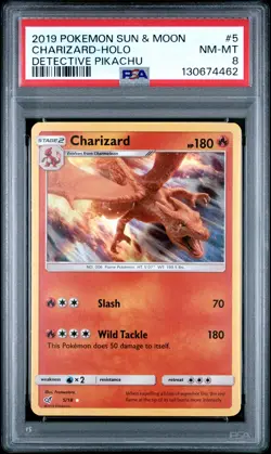 2019 POKEMON SUN & MOON DETECTIVE PIKACHU #5 CHARIZARD-HOLO PSA 8 - Image 1