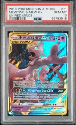 2019 POKEMON SUN & MOON UNIFIED MINDS #71 MEWTWO & MEW GX PSA 10 - Image 1