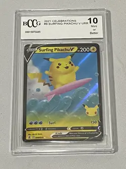 Pokemon- Surfing Pikachu V 008/025 Celebrations Holo BCCG grade 10 - Image 1
