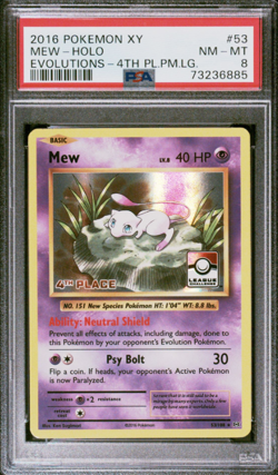 2016 POKEMON EVOLUTIONS MEW 53/108 LEAGUE CHALLENGE 4TH PLACE PROMO HOLO PSA 8 - Image 1