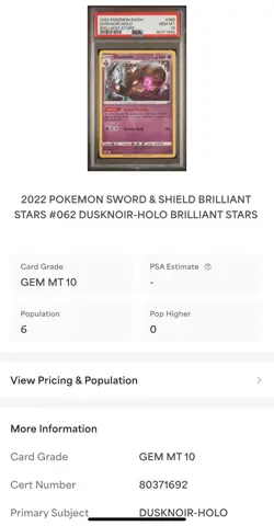 PSA 10 2022 POKEMON SWORD & SHIELD BRILLIANT STARS #062 DUSKNOIR-HOLO BRILLIANT - Image 3