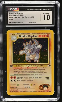 CGC 10 GEM MINT Brock's Rhydon Gym Heroes 1st Edition 2/132 Holo Pokemon Card - Image 1