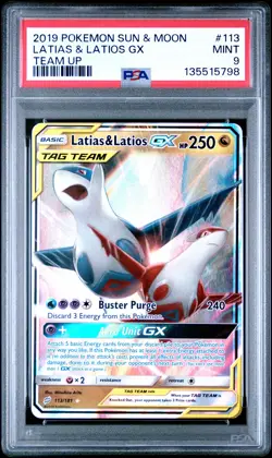 2019 POKEMON SUN & MOON TEAM UP #113 LATIAS & LATIOS GX PSA 9 - Image 1