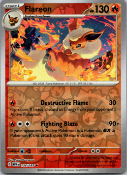 Flareon Reverse Holo Rare 136/165 Scarlet & Violet Pokemon Card NM - Image 1