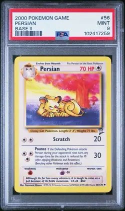 2000 Pokemon Base 2 # 56 Persian PSA 9 Card MINT! Trusted Seller! Free Shipping! - Image 1