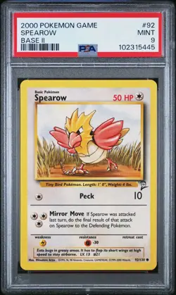 2000 Pokemon Base 2 # 92 Spearow PSA 9 Card MINT! Trusted Seller! Free Shipping! - Image 1