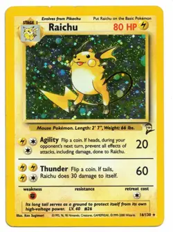 Pokemon Card: Raichu HOLO 16/130 Base Set 2 Rare! EX - Image 1