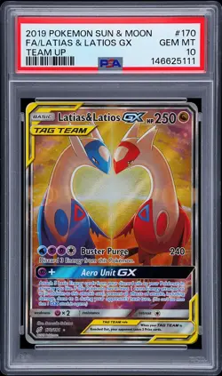 2019 POKEMON SUN & MOON TEAM UP #170 FULL ART/LATIAS & LATIOS GX PSA 10 - Image 1