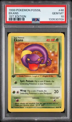 1999 POKEMON FOSSIL 1ST ED #46 EKANS PSA 10 - Image 1