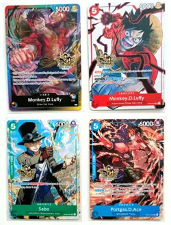 One Piece 3rd Anniversary Stamped 4 Card Promo Set– Luffy, Luffy, Sabo & Ace. - Image 1