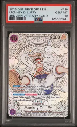 One Piece 2025 Op 11 en 3rd Anniversary Gold #119 Monkey D Luffy PSA 10 - Image 1