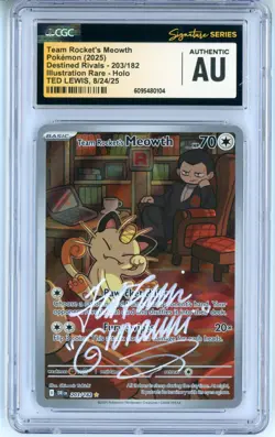 CGC Signed Ted Lewis Pokemon TCG Team Rocket's Meowth 203/182 Destined Rivals - Image 1