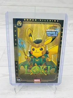 Pikachu as Loki #E12 Rare Gold Holo Heros & Villains (non-Pokemon fan art) - Image 1