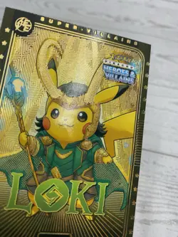 Pikachu as Loki #E12 Rare Gold Holo Heros & Villains (non-Pokemon fan art) - Image 4