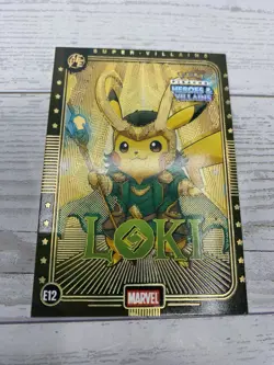 Pikachu as Loki #E12 Rare Gold Holo Heros & Villains (non-Pokemon fan art) - Image 5