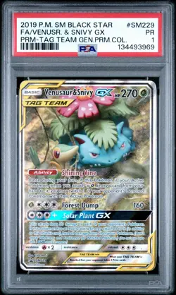 2019 POKEMON SM BLACK STAR PROMO #SM229 FULL ART/VENUSAUR & SNIVY GX PSA 1 - Image 1