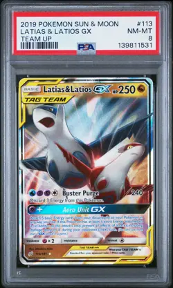 2019 POKEMON SUN & MOON TEAM UP #113 LATIAS & LATIOS GX PSA 8 - Image 1
