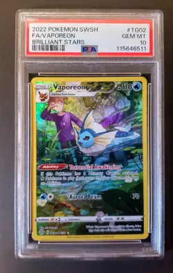 2022 Pokemon Sword & Shield Brilliant Stars #TG02/TG30 Full Art Vaporeon PSA 10 - Image 1