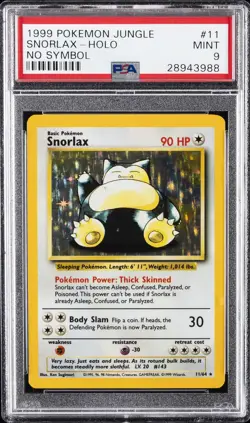 1999 POKEMON JUNGLE NO SYMBOL #11 SNORLAX-HOLO PSA 9 - Image 1