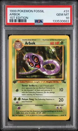 1999 POKEMON FOSSIL 1ST ED #31 ARBOK PSA 10 - Image 1