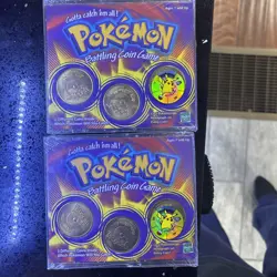 2 1999 Pokemon Battling Coin Game Vintage Pikachu Coin Plus 3 Other Coins - Image 1