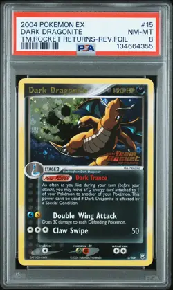 2004 POKEMON EX TEAM ROCKET RETURNS #15 DARK DRAGONITE-REVERSE FOIL PSA 8 - Image 1